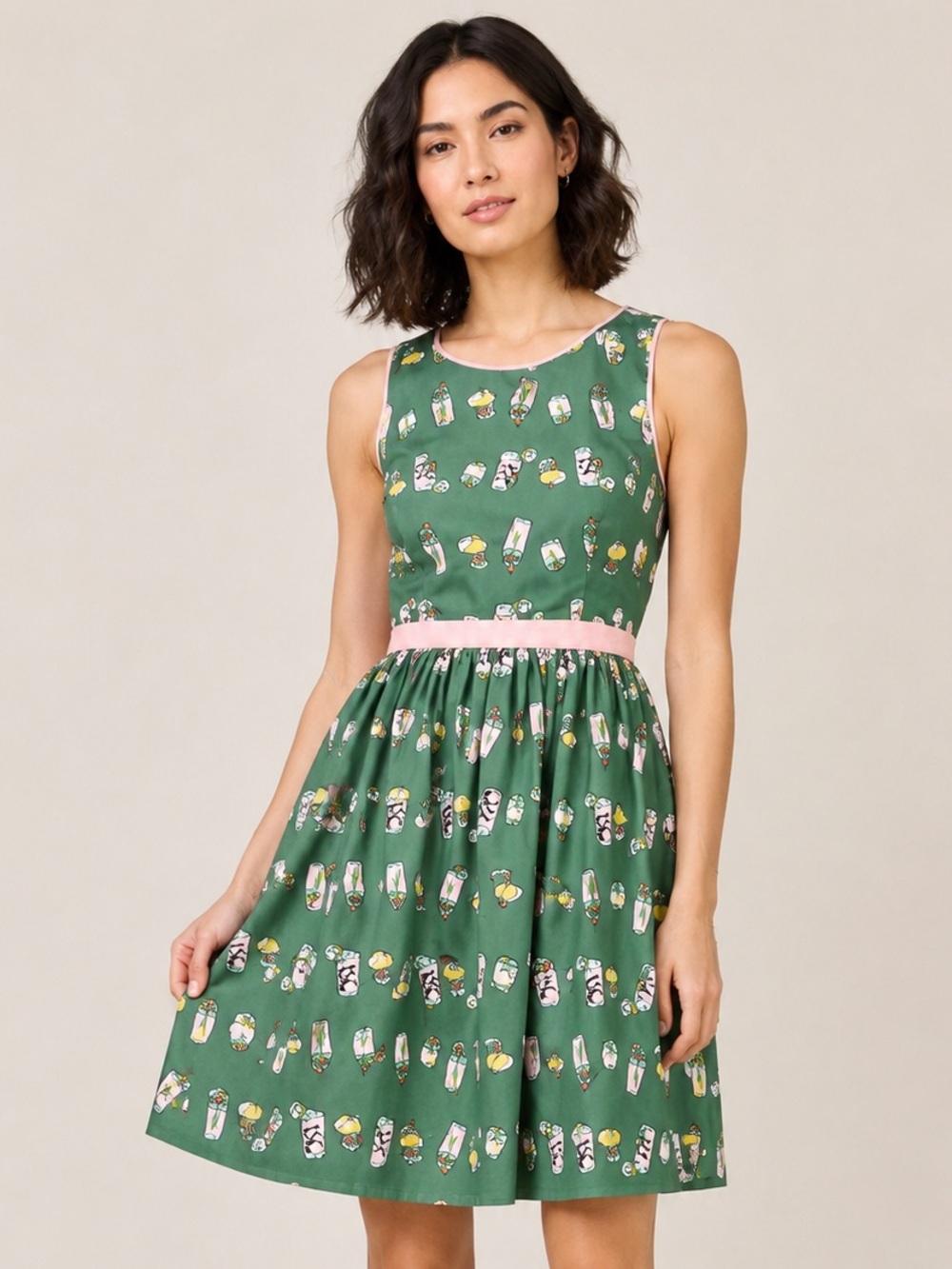 ModCloth Pink Lemonade Cocktail Dress Retro Print Green Womens Size Medium